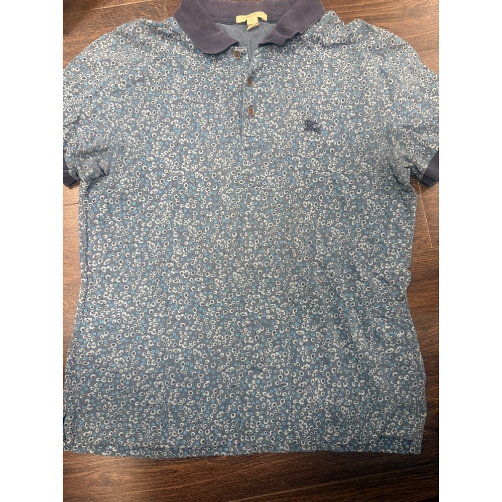 Burberry Brit Men's Floral Print Polo Shirt Blue Short Sleeve Size LargE